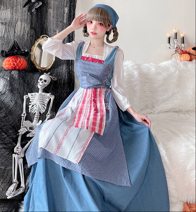 Ladies Vintage Apron Dress with Flowing Skirt and Delicate Ruffle Details Chichicherry