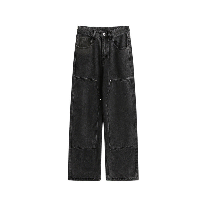 Women's Wide Utility Denim Trousers with Knee Patch, High Waist and Straight Leg Chichicherry