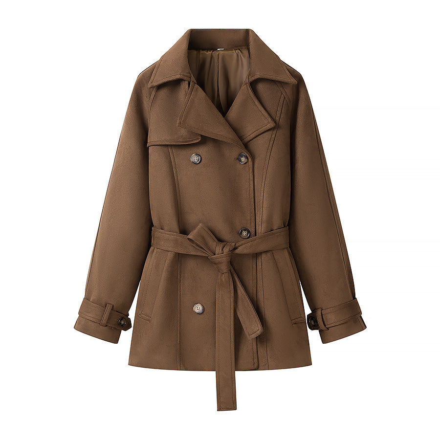 Women Short Suede Trench Coat with Double-Breasted and Waist Belt Chichicherry