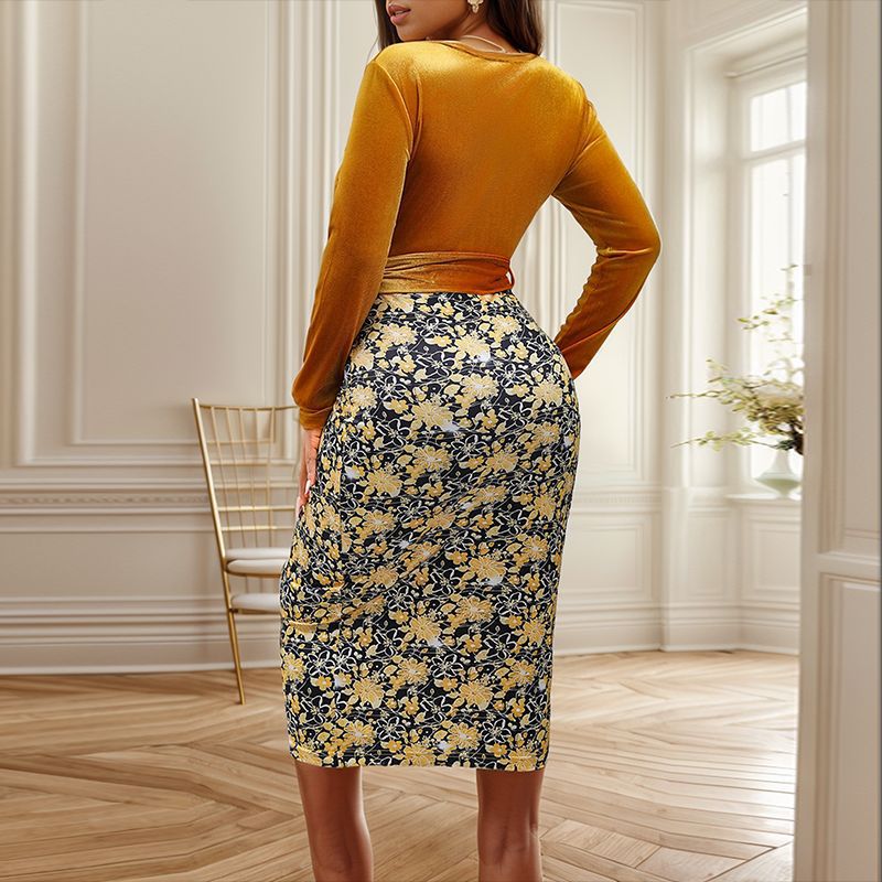 Women's wrap dress with velvet top and floral jacquard pencil skirt Chichicherry