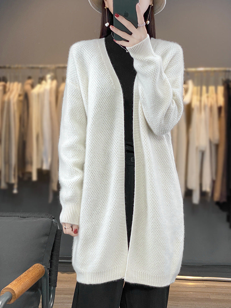 Ladies Long Open Knit Cardigan with Seed Pattern and Ribbed Finishes Chichicherry
