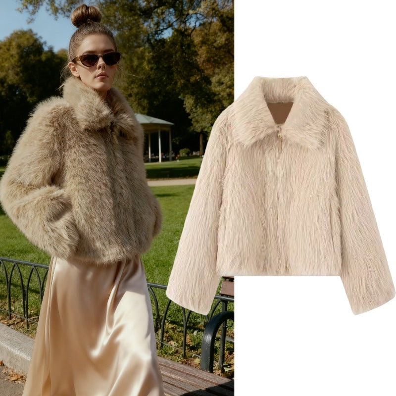 Women Short Faux Fur Cropped Jacket with Voluminous Shawl Collar and Front Zipper Chichicherry