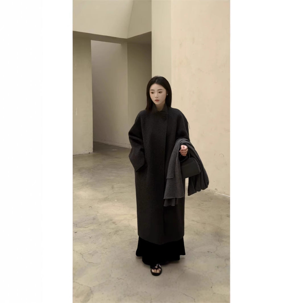 Women's Oversized Wool Coat with Stand Collar and Single-Button Closure Chichicherry