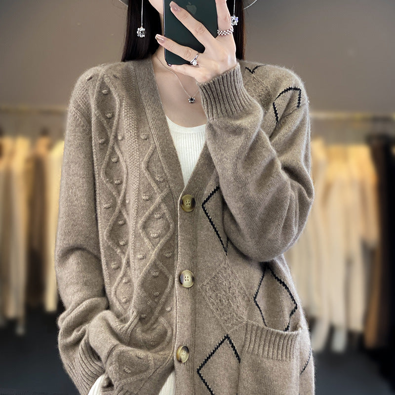 Women Cozy Oversized Cardigan with Openwork and Diamond Detail Chichicherry