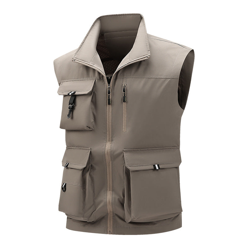 Men's Multifunctional Outdoor Utility Vest with Multiple Cargo Pockets and Stand Collar Chichicherry