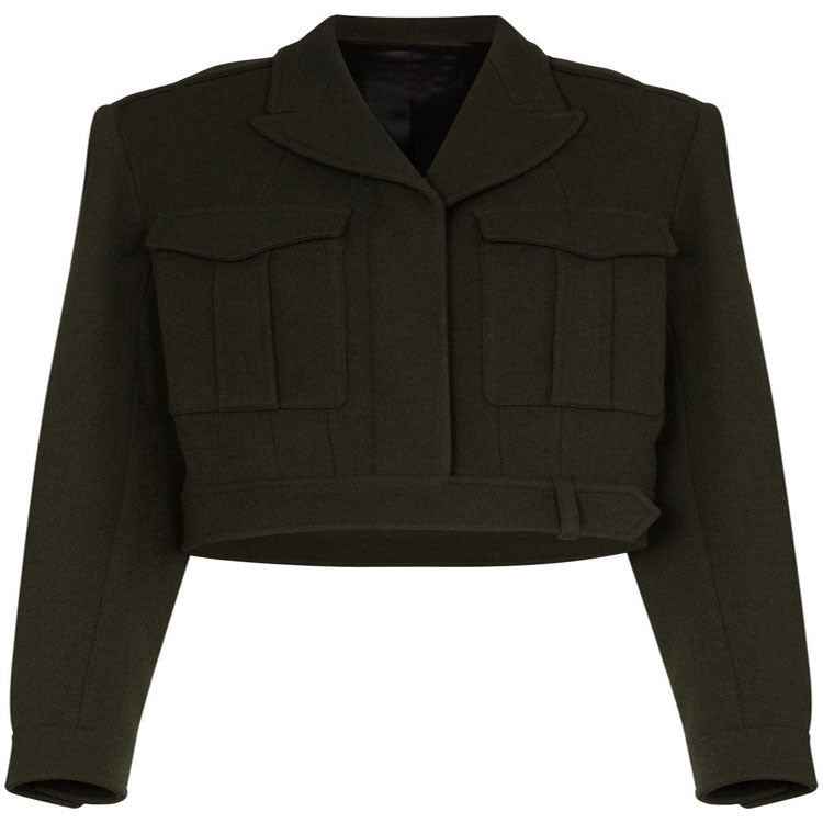 Women's short jacket in military tailoring made from wool blend with patch pockets and belted waist Chichicherry