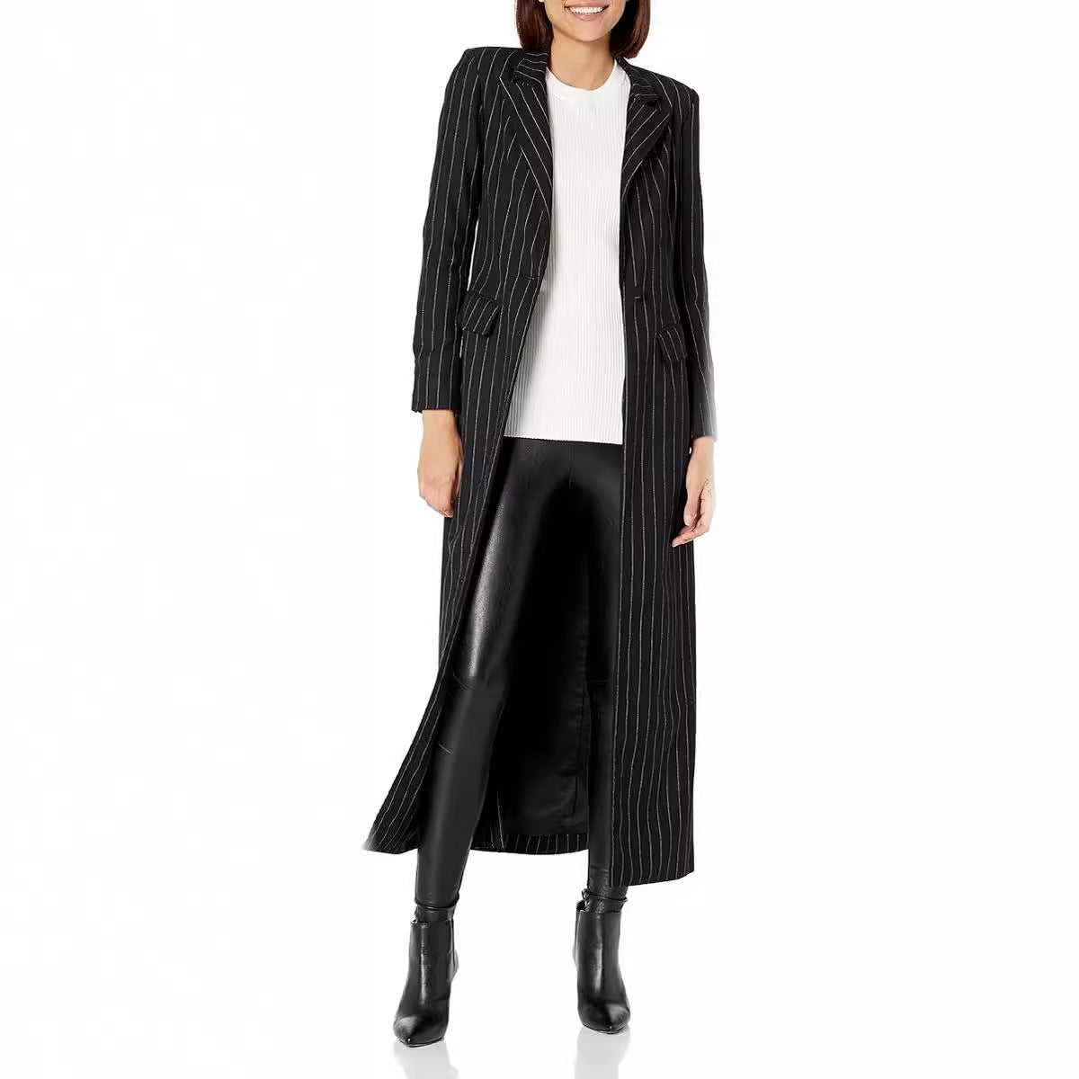 Women's Longline Blazer Coat with Pinstripes, Tailored Silhouette and Flap Pockets Chichicherry