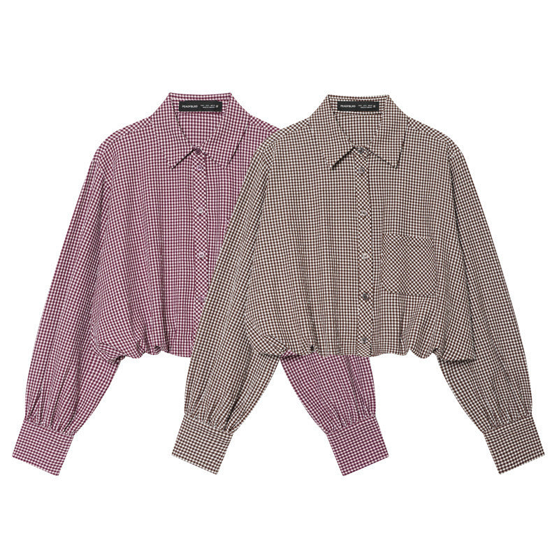 Women Checked Cropped Blouse with Elastic Hem Chichicherry