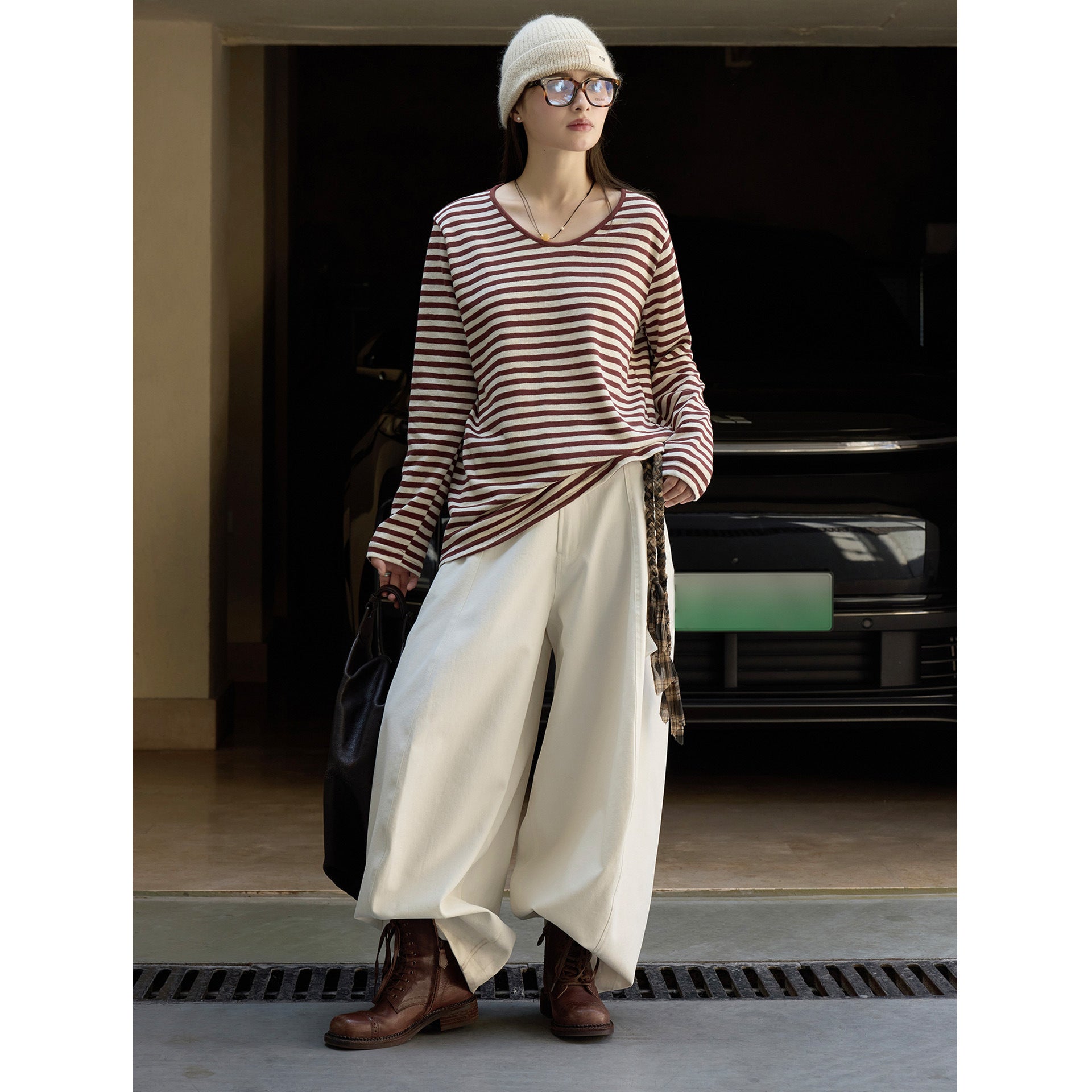 Ladies Maritime Striped Long Sleeve made of Linen-Cotton Mix with Wide Boat Neck Chichicherry