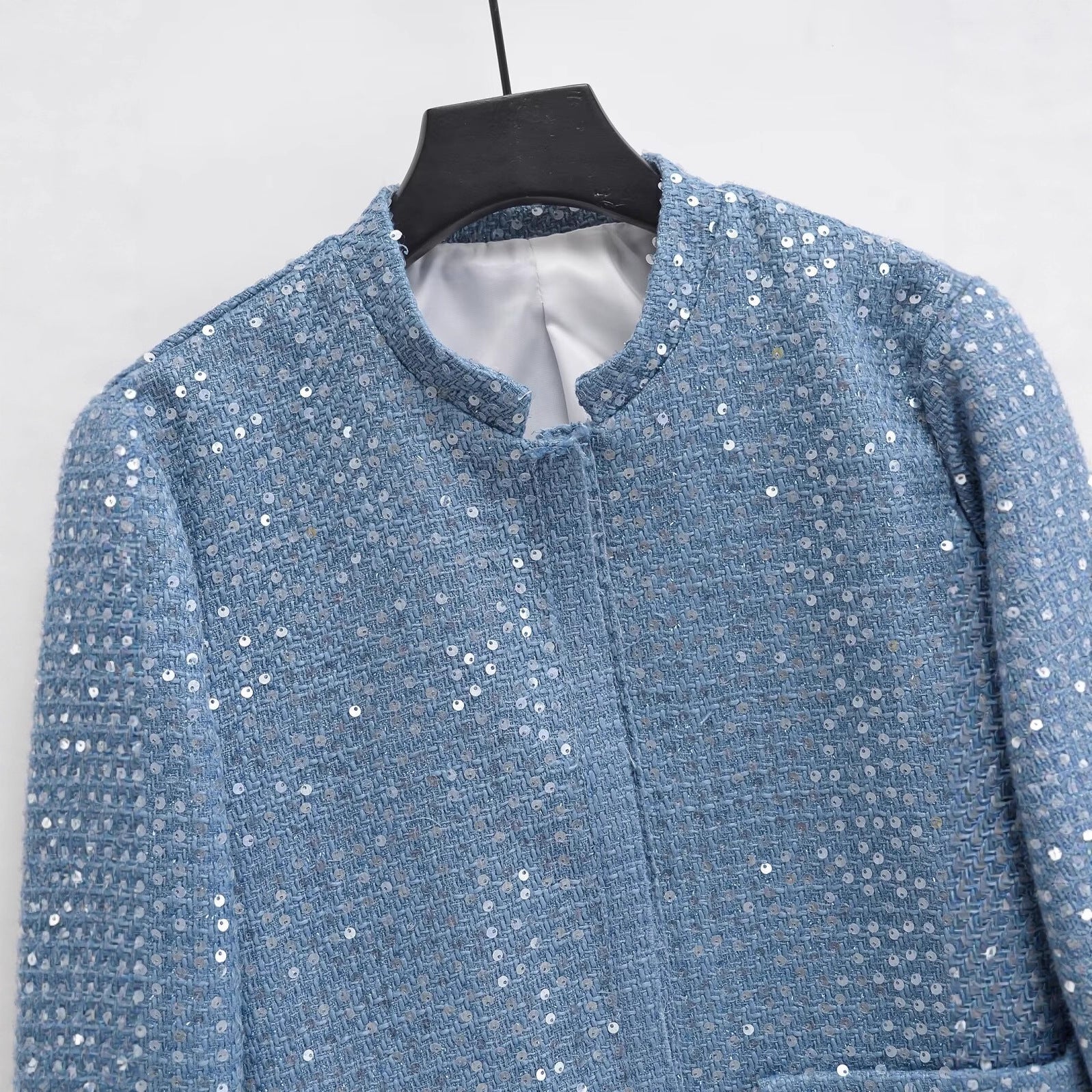 Women's Short Blazer Made of Boucle Tweed with Sequins and Flap Pockets Chichicherry