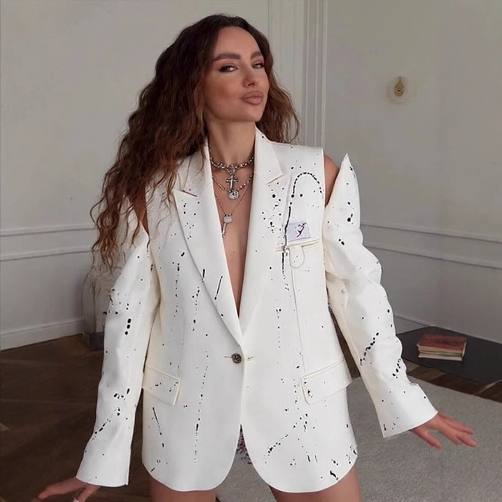 Women's Oversize Blazer with Cut-Out Shoulders and Paint Splatter Look Chichicherry