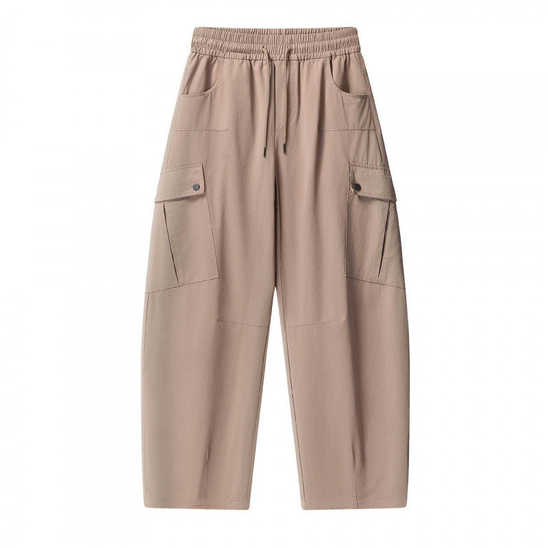 Unisex Loose Cargo Pants with Elastic Waistband, Drawstring and Patch Flap Pockets Chichicherry