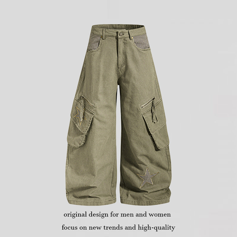 Women's wide cargo culotte pants with star appliqués and multi pockets Chichicherry