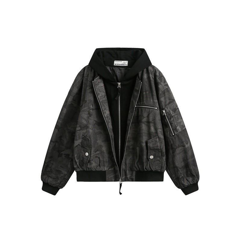 Men's short-cut oversized bomber in layer look with integrated hood and camouflage jacquard fabric