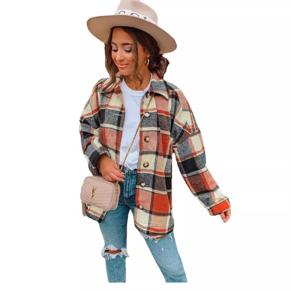 Damen Oversized Kariertes Flanell‑Shacket mit Brusttaschen und Holzknöpfen Chichicherry