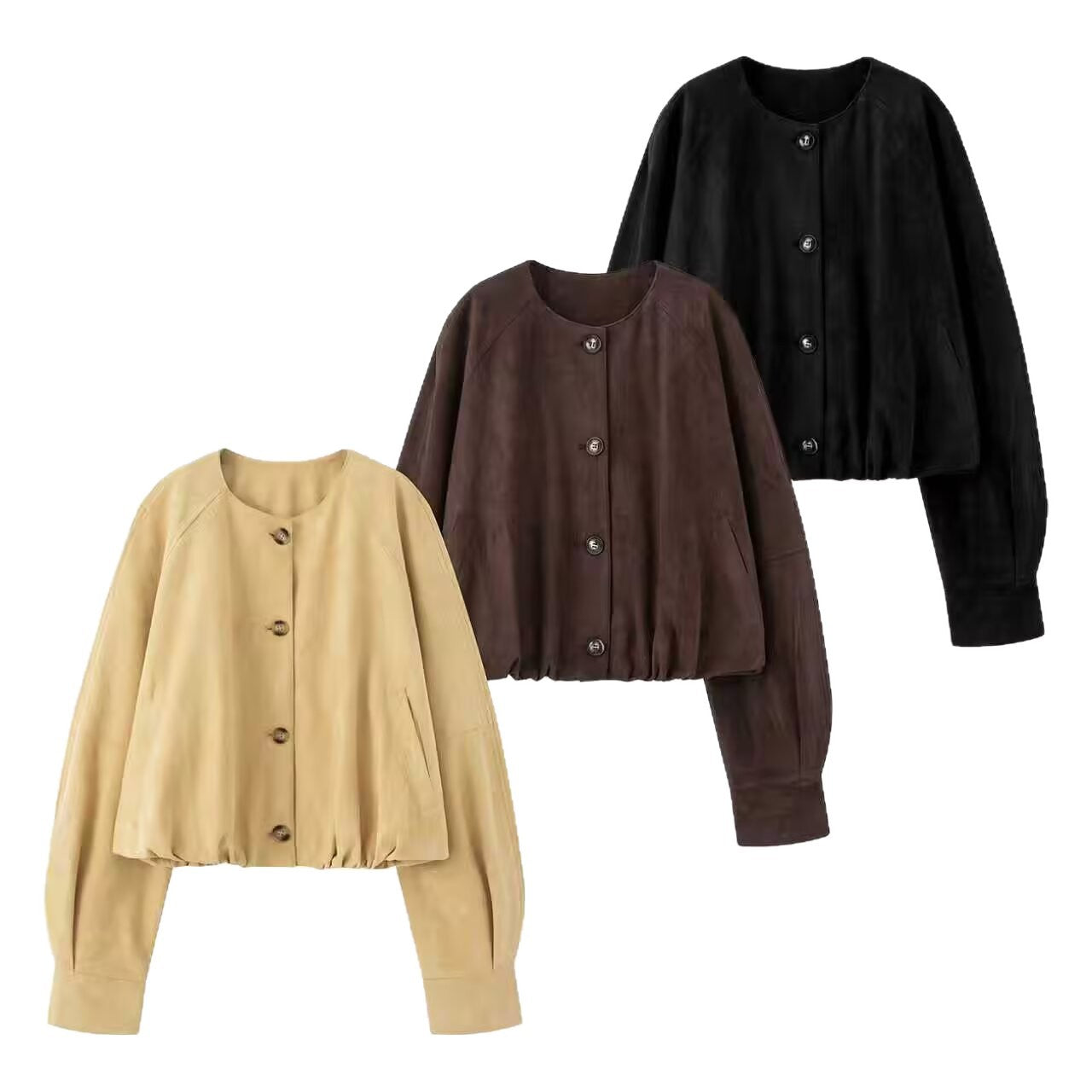 Women Short Blouson Jacket in Cropped Look with Round Neckline and Balloon Sleeves Chichicherry