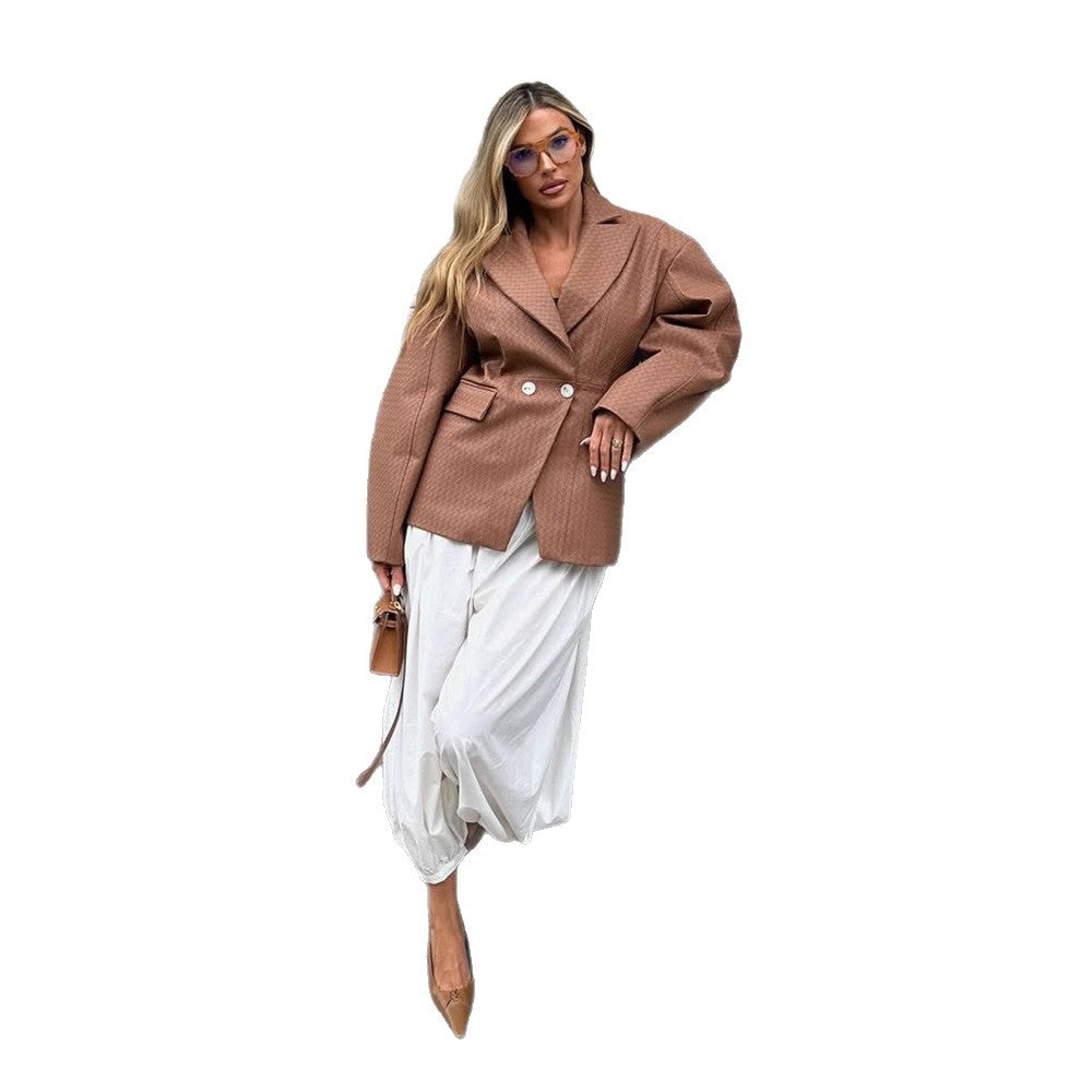 Women's Boxy Blazer with tailored draping and structured faux leather look Chichicherry