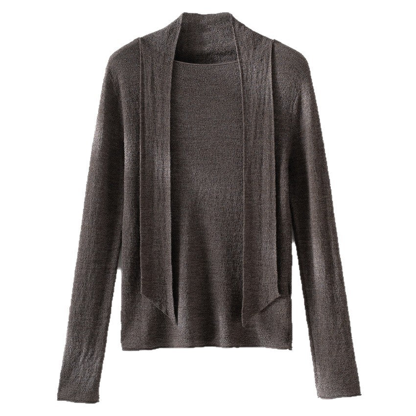 Women's fine knit pullover with asymmetrical tubular collar and draped scarf section Chichicherry