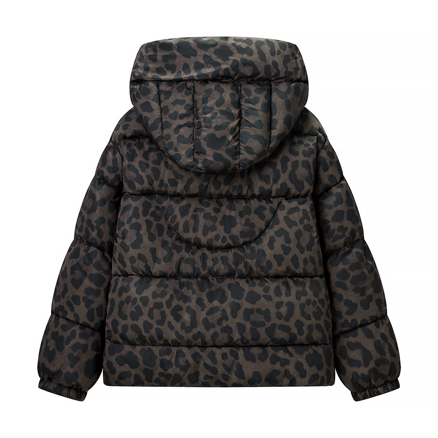 Women's short-cut quilted jacket with high hood collar, drawstring hem and leopard print Chichicherry