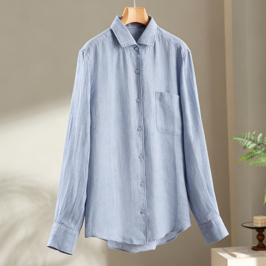 Men's Vintage Washed Linen Shirt with Chest Pocket and Rounded Hem Chichicherry