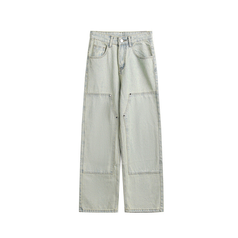 Women's Wide Utility Denim Trousers with Knee Patch, High Waist and Straight Leg Chichicherry