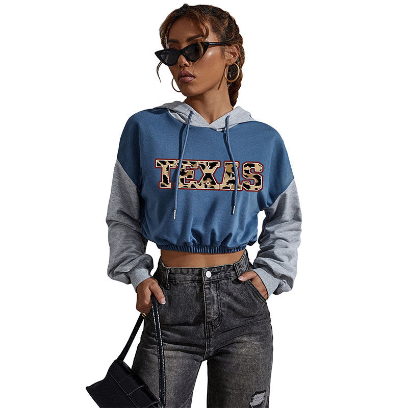 Women's Short-Cut Hoodie with Teddy Print, Colorblock Sleeves and Elastic Hem