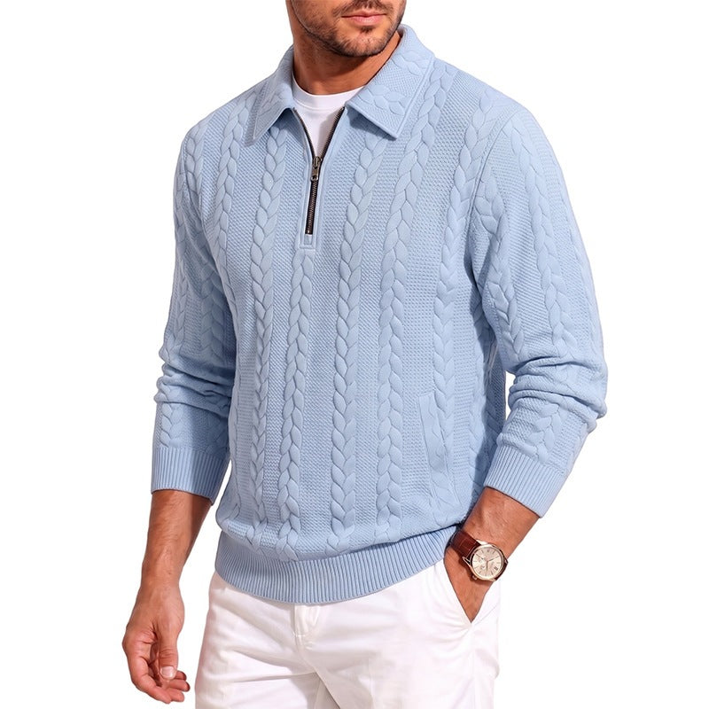 Men's finely structured knitted pullover with half-zip collar and cable pattern Chichicherry