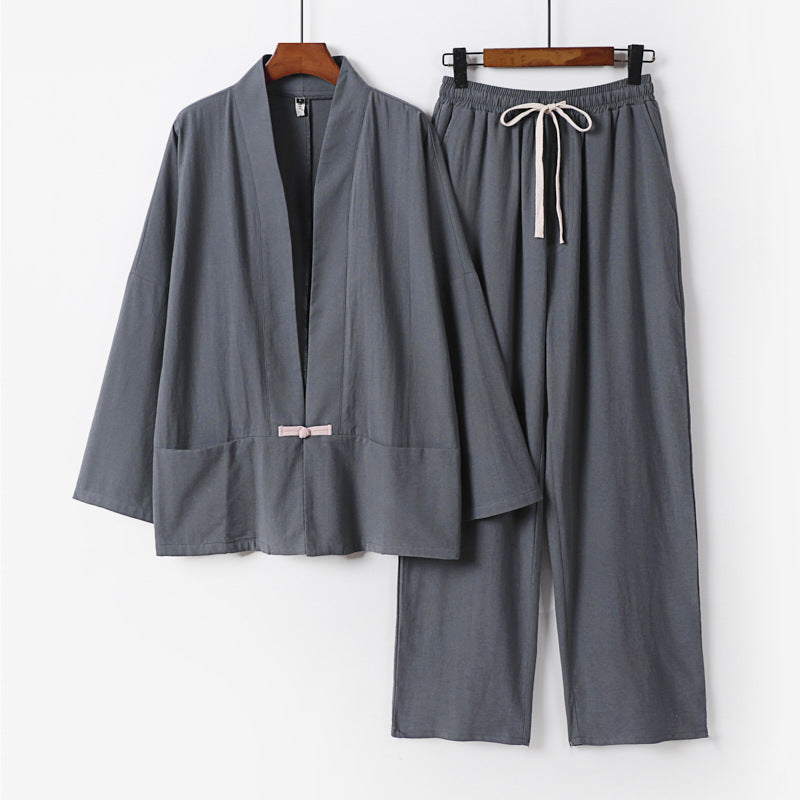 Men's Zen-inspired kimono loungewear set made of lightweight cotton blend with open cut and drawstring pants Chichicherry