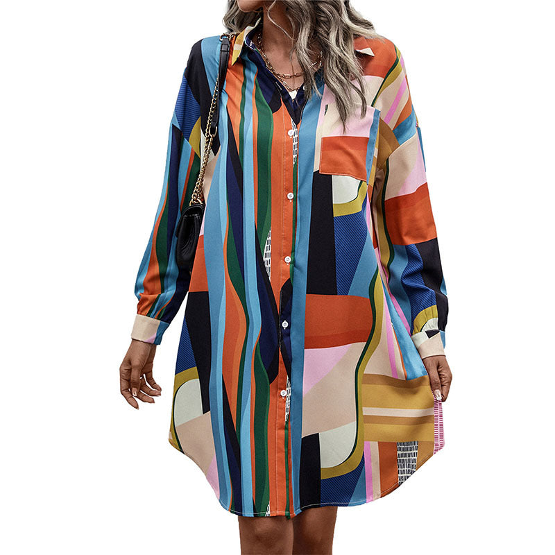 Women's shirt dress with graphic block stripes, fitted belt & continuous button placket Chichicherry