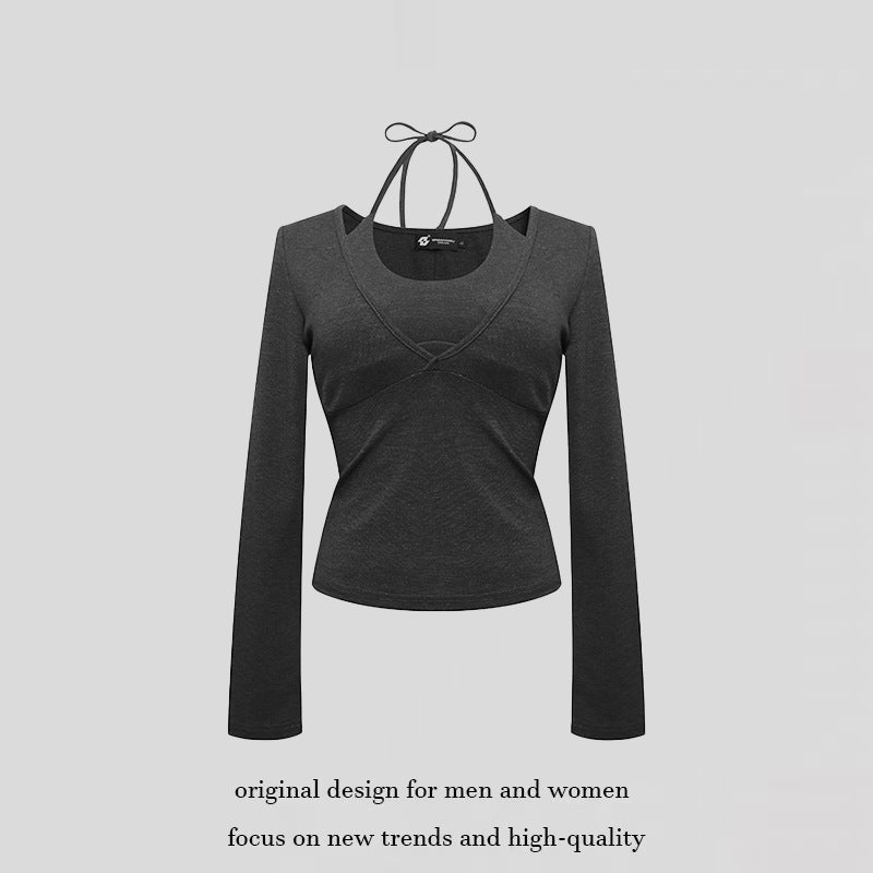 Women's long sleeve top with halter neck, wrap look and fitted cut Chichicherry