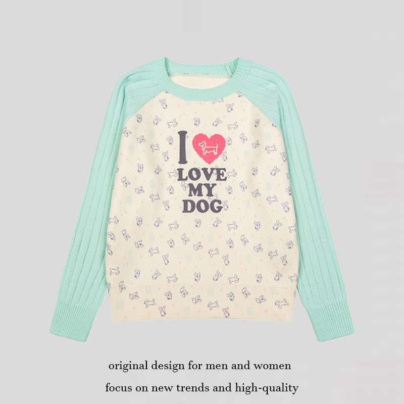 Women's knitted raglan sweater with heart dog motif, ribbed sleeves and all-over print Chichicherry