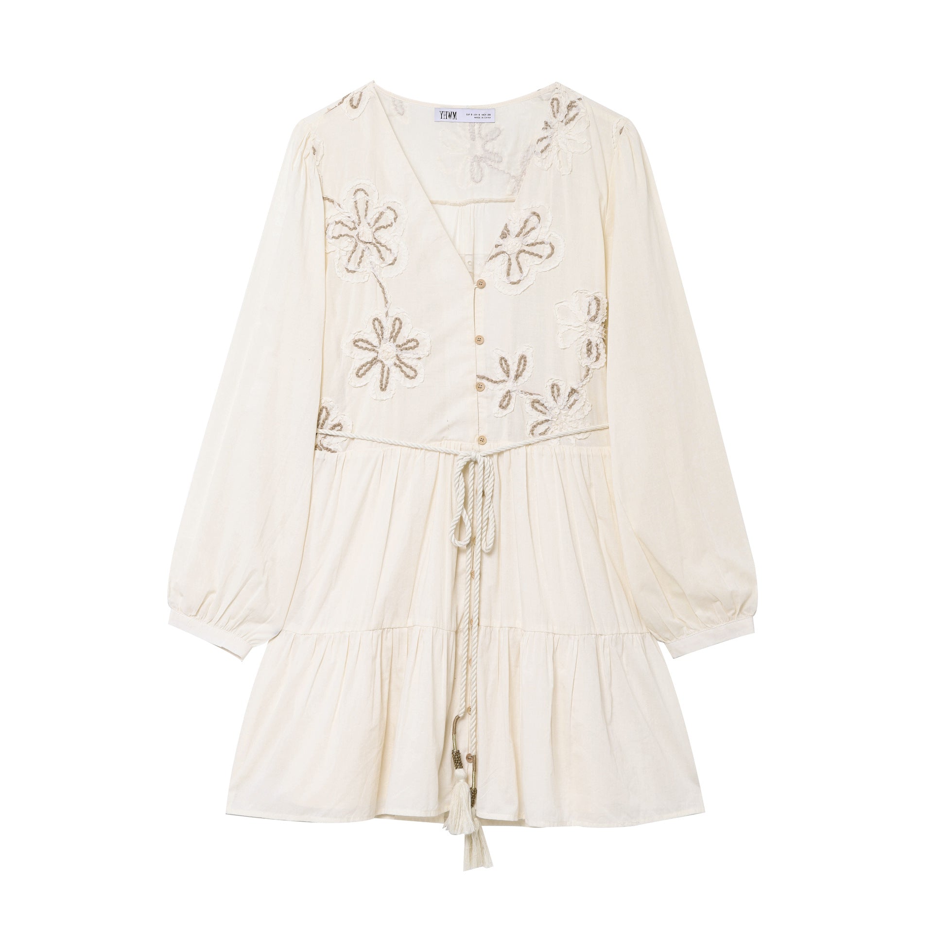 Ladies Embroidered Boho Dress with V-Neck, Drawstring and Tiered Skirt Chichicherry