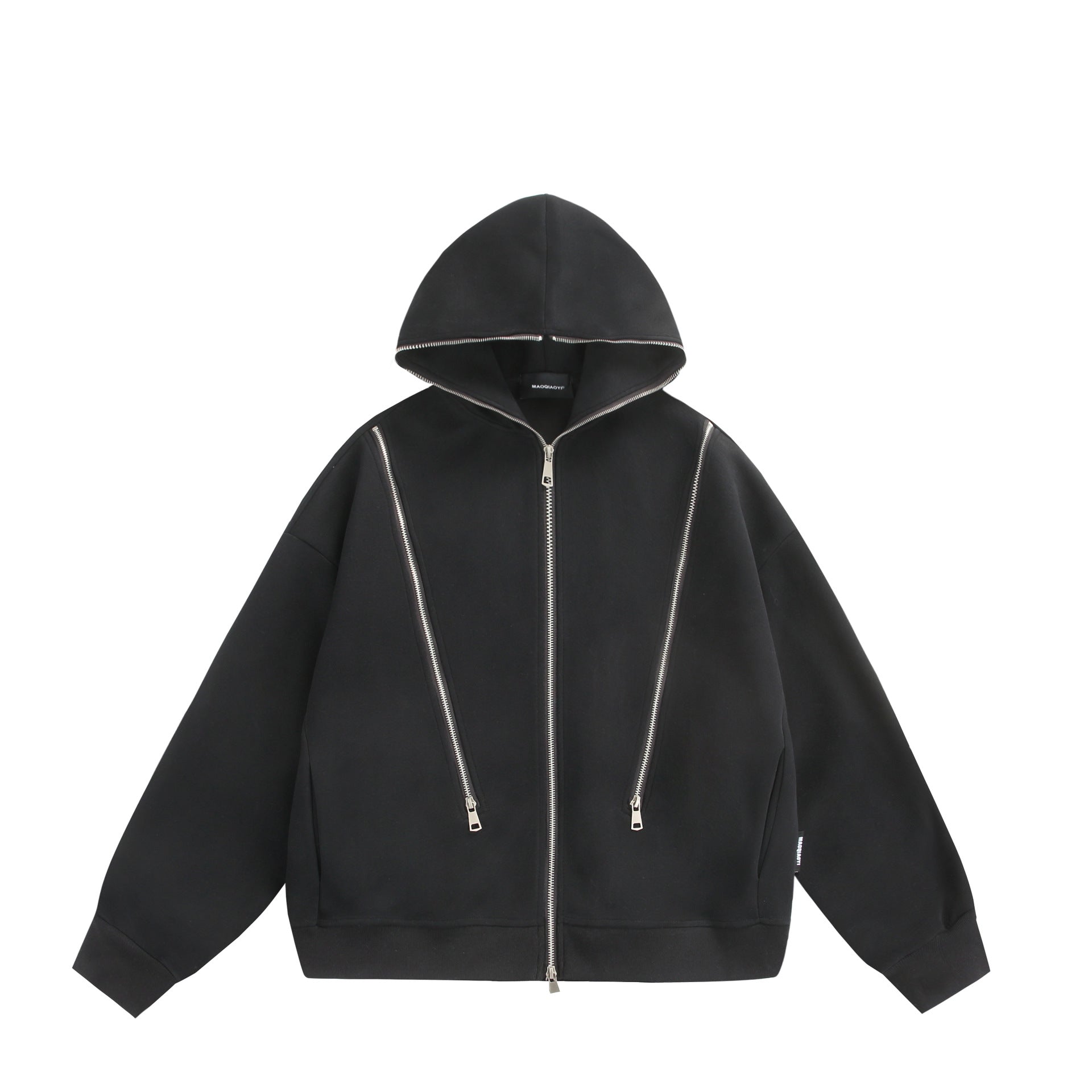 Unisex Hooded Sweat Jacket with Double Zipper and Decorative Seam Panel Chichicherry