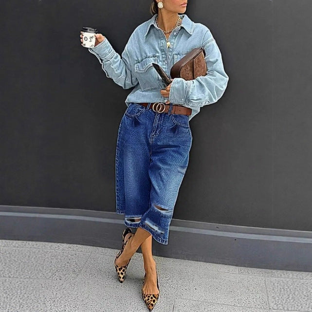 Women High-Waisted Denim Culotte with Destroyed Inserts and Raw Hem Chichicherry