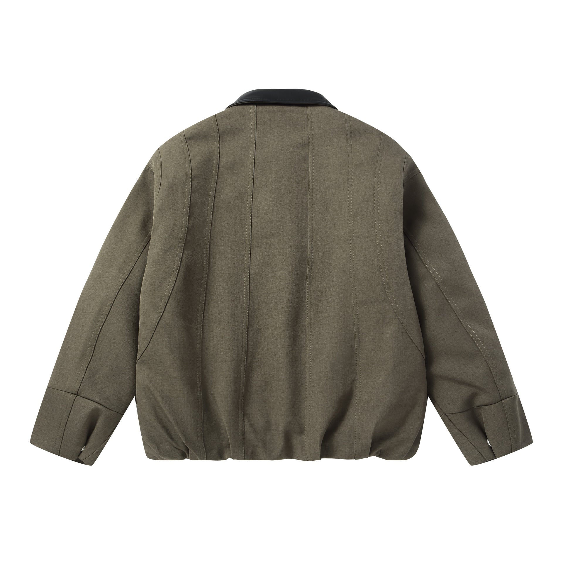 Men's Short Boxy Workwear Blouson with Leather Collar and Vertical Quilting Chichicherry