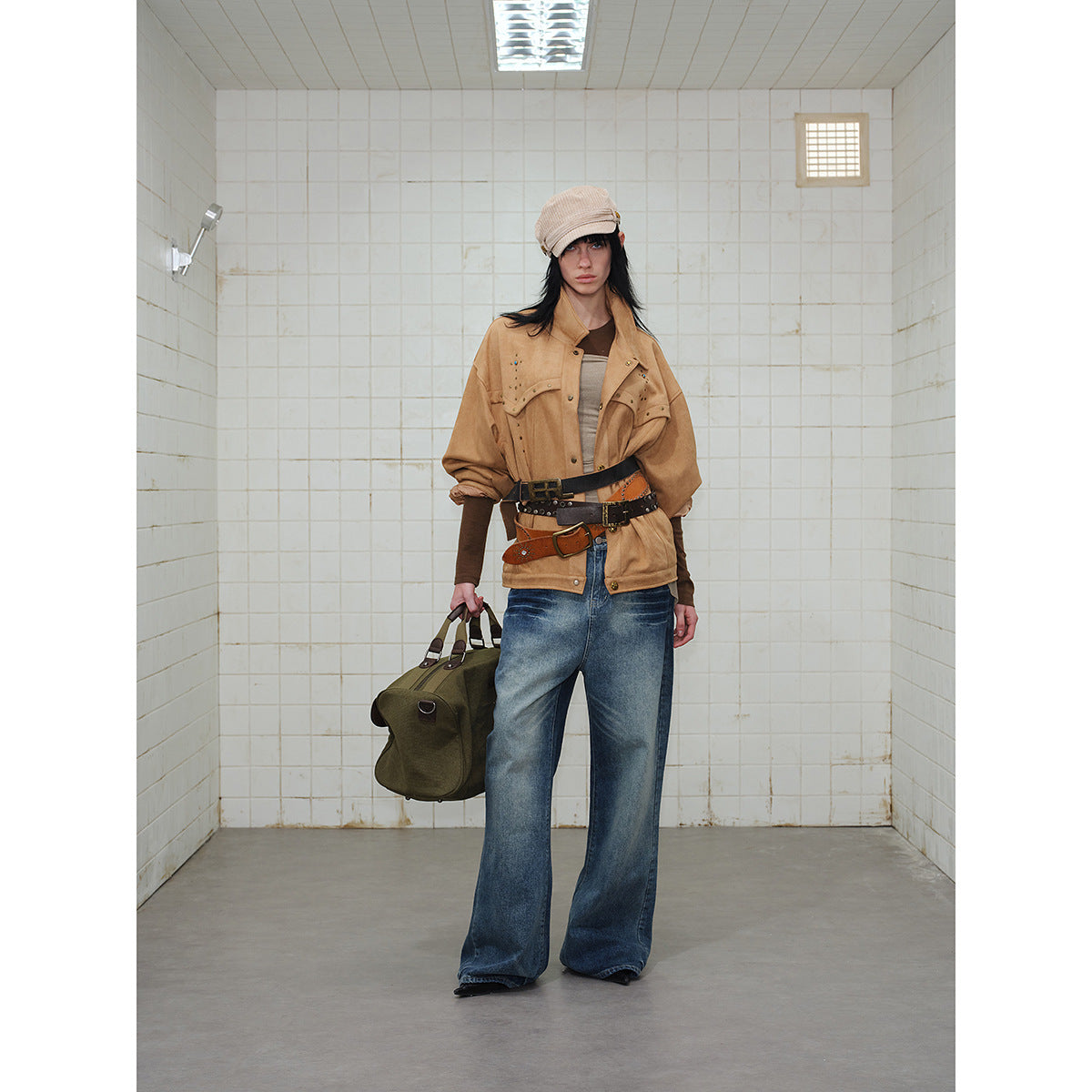 Women's Short Cut Suede-Look Blouson Jacket with Western Yoke and Stud Application Chichicherry