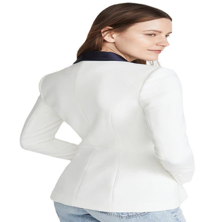 Women's Tailored Tuxedo Blazer with Satin Shawl Collar and One-Button Front Chichicherry