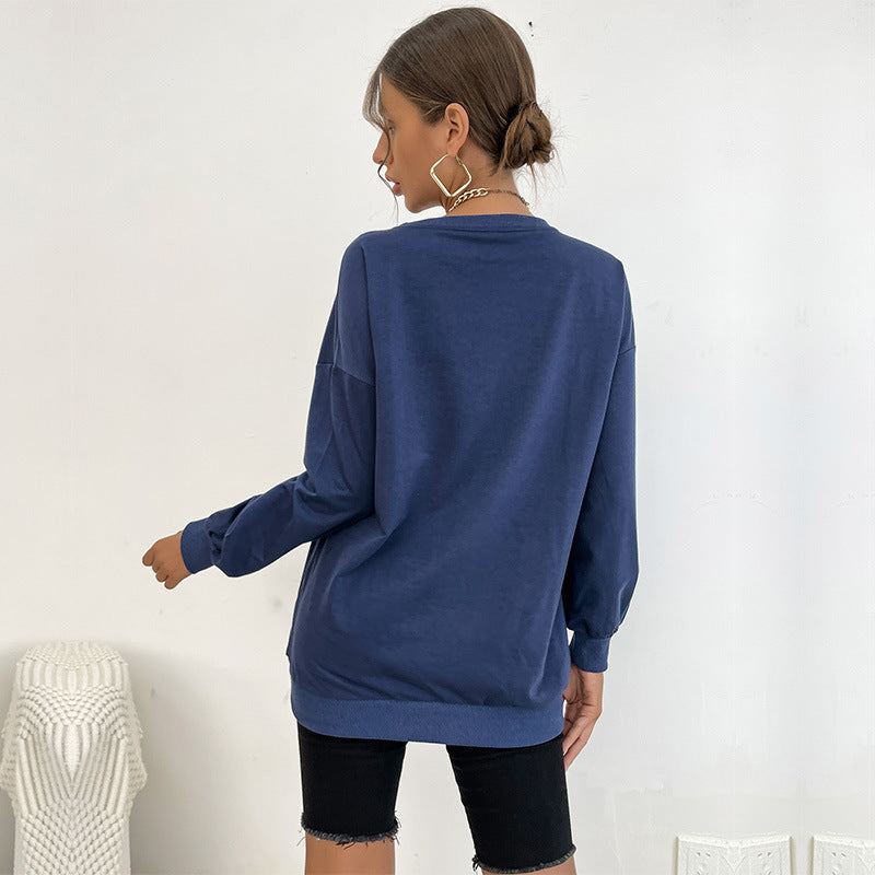 Women's Loose Crew Neck Sweatshirt in College Style with Block Letter Print and Ribbed Hem