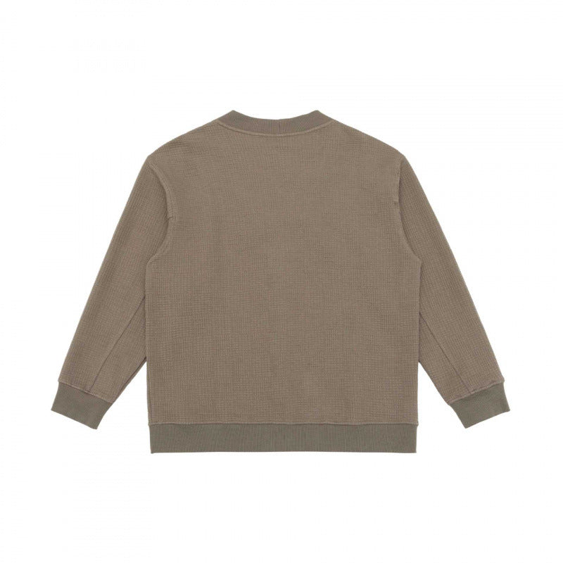 Unisex Oversized Waffle Knit Cardigan with V-Neck, Button Placket and Patch Pockets Chichicherry