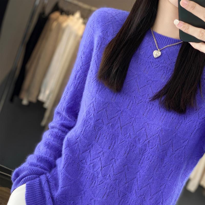 Ladies Cozy Fine Knit Sweater with Eyelet Diamond Pattern and Loose Fit Chichicherry