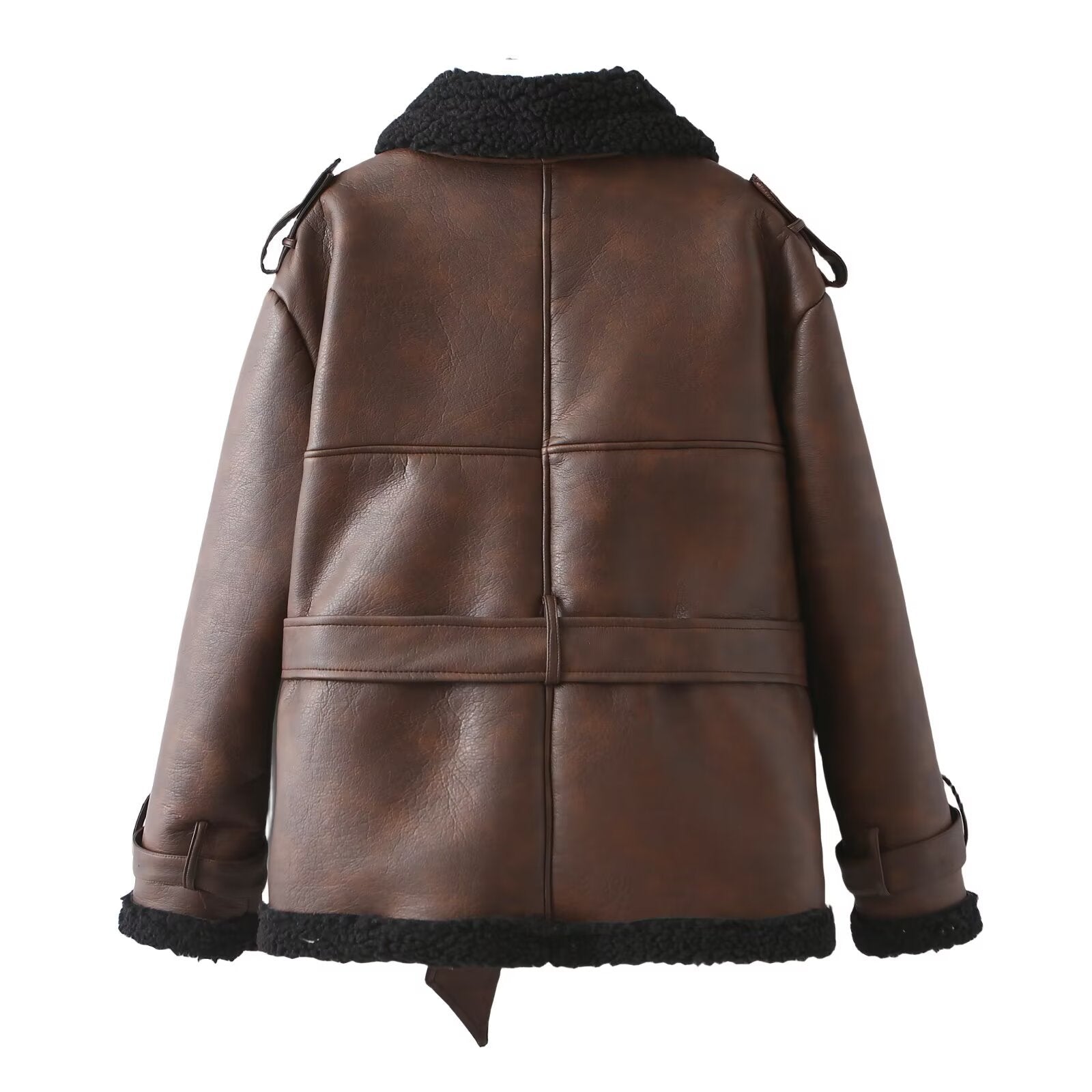 Women Tailored Aviator Coat made of Faux Leather with Teddy Lining and Tied Belt Chichicherry