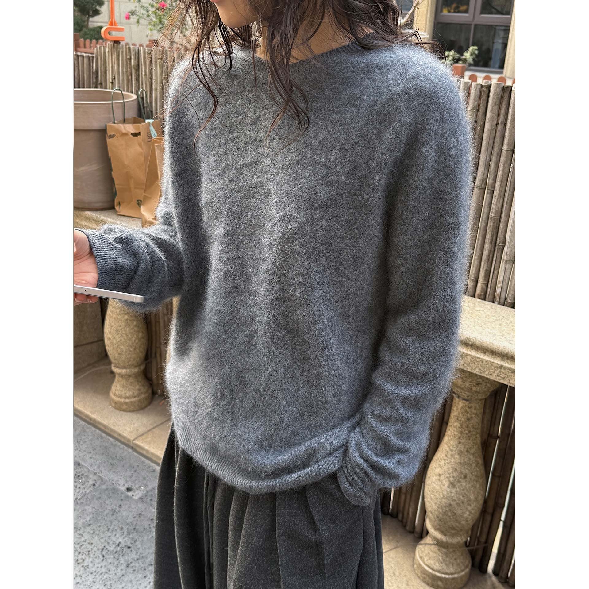 Women Soft Fluffy Knit Sweater with Fine Round Neck and Ribbed Hem Chichicherry
