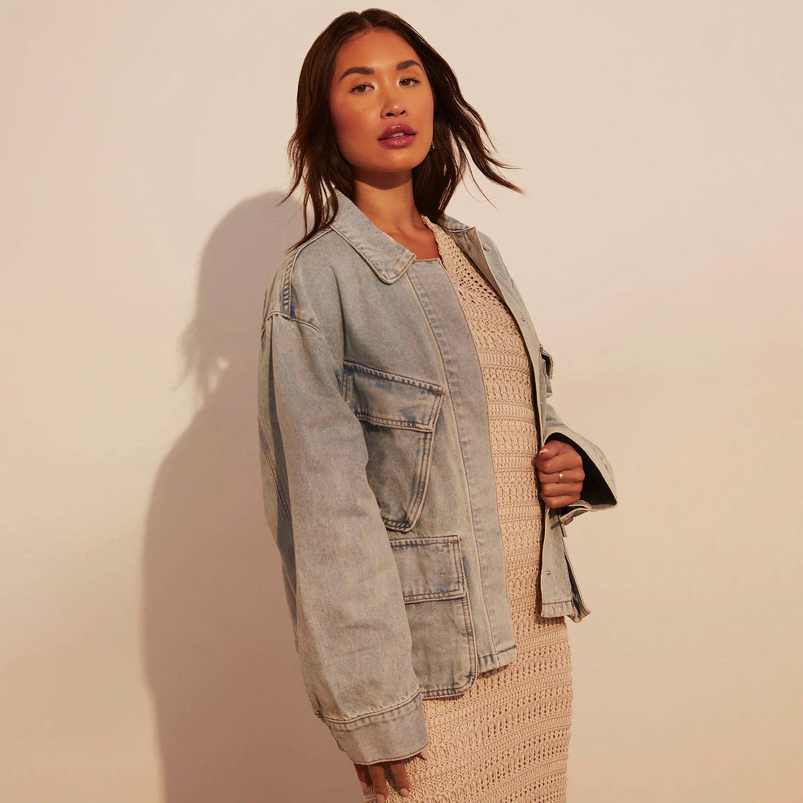 Women Oversize Utility Denim Jacket with Large Flap Pockets and Button-Down Front Chichicherry