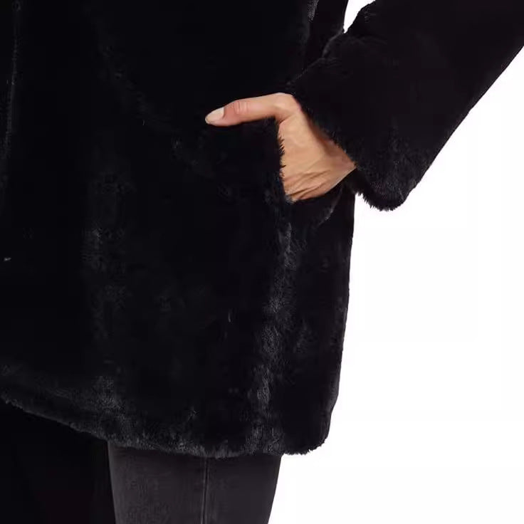 Women's Midi-Length Hooded Faux Fur Coat with Open Front and Lined Insert Pockets Chichicherry