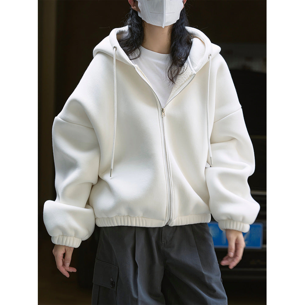 Women Oversized Hooded Zip Jacket with Teddy Lining and Elastic Hem Chichicherry
