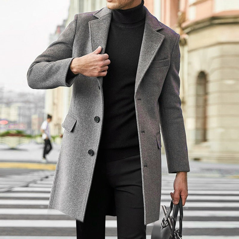 Men's Elegant Wool Coat with Tailored City Cut, Notch Lapels and Flap Pockets Chichicherry