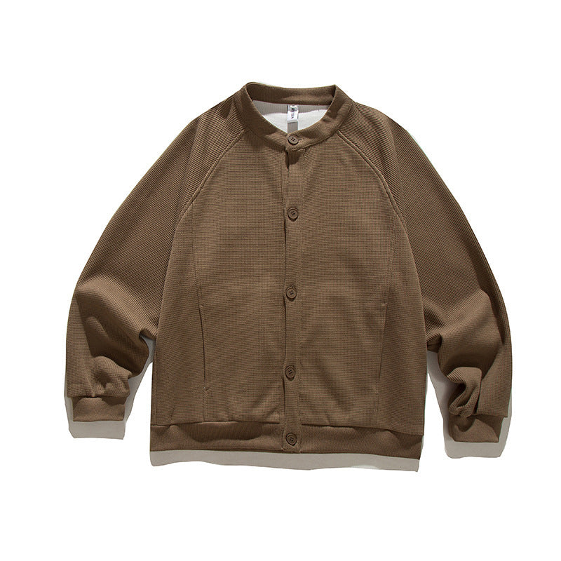 Men's waffle texture bomber-style cardigan with raglan sleeves and button placket Chichicherry