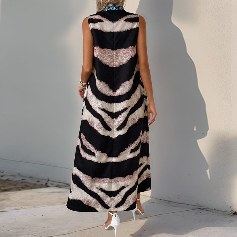 Women's Sleeveless Maxi Dress with Statement Neck Print, Ethnic Motif and Flared A-Line Silhouette Chichicherry