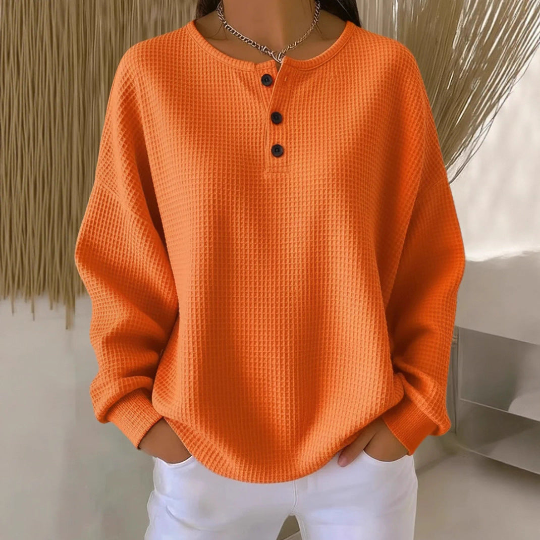 Women's waffle knit henley long sleeve with button placket and oversized fit Chichicherry