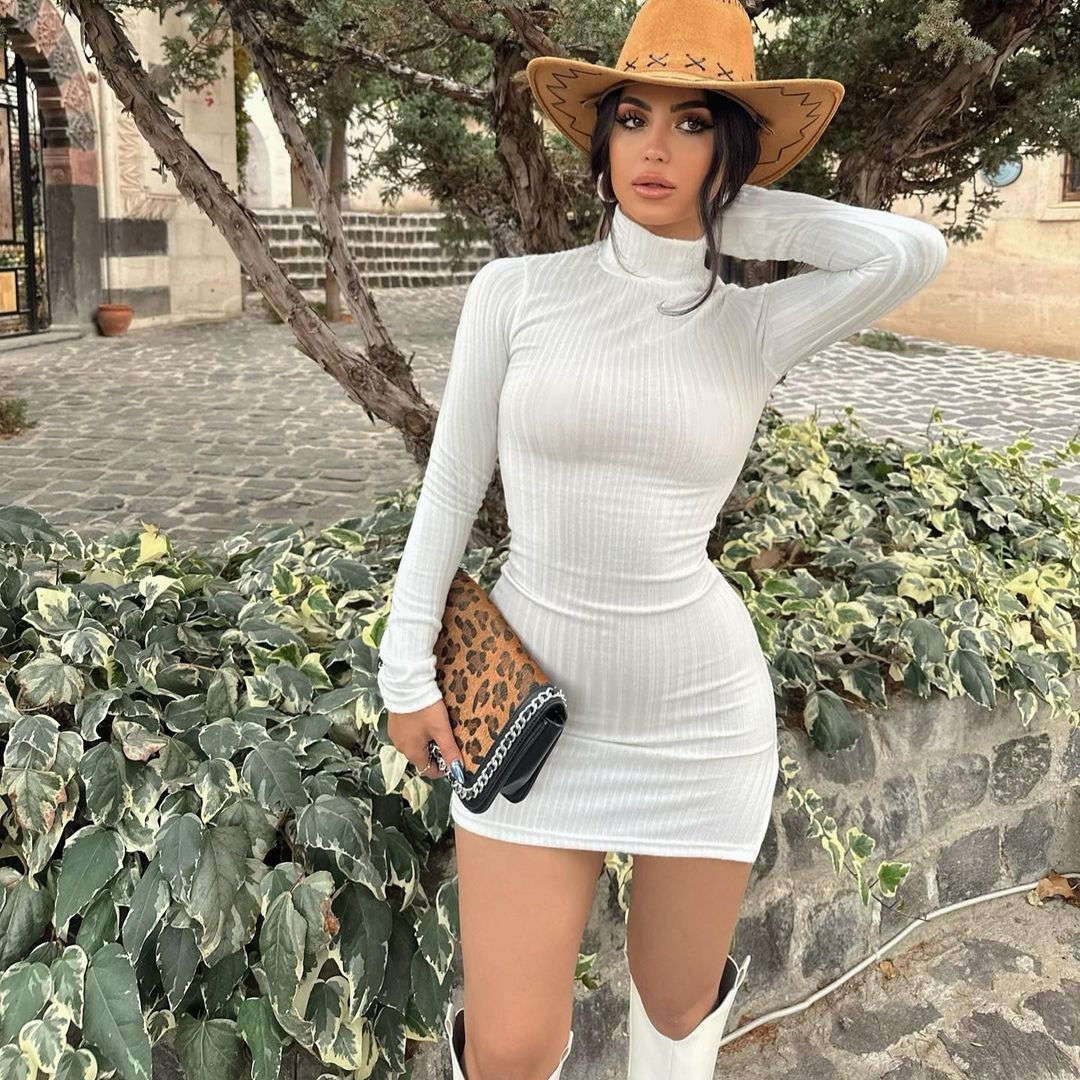 Damen Enganliegendes Rippstrick-Minikleid mit Rollkragen und langen Ärmeln Chichicherry